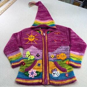 Peruvian children's wool blend zip-front cardigan - hood & embroidered appliques